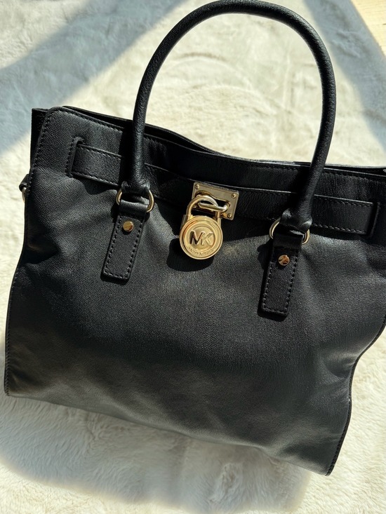 Michael Kors Handbags - Michael Kors Hamilton Black Leather Tote with Gold MK Lock